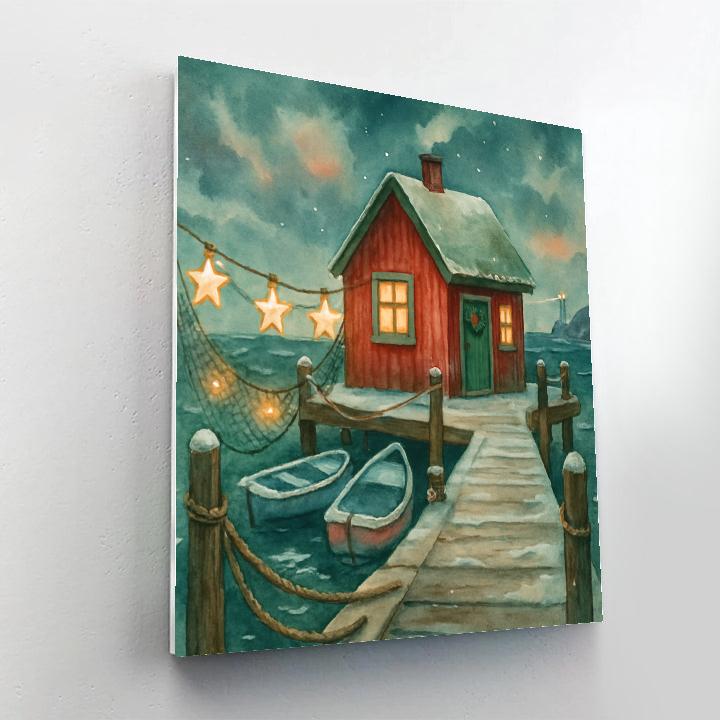Christmas Harbor Cottage With Star Nets painting number kit