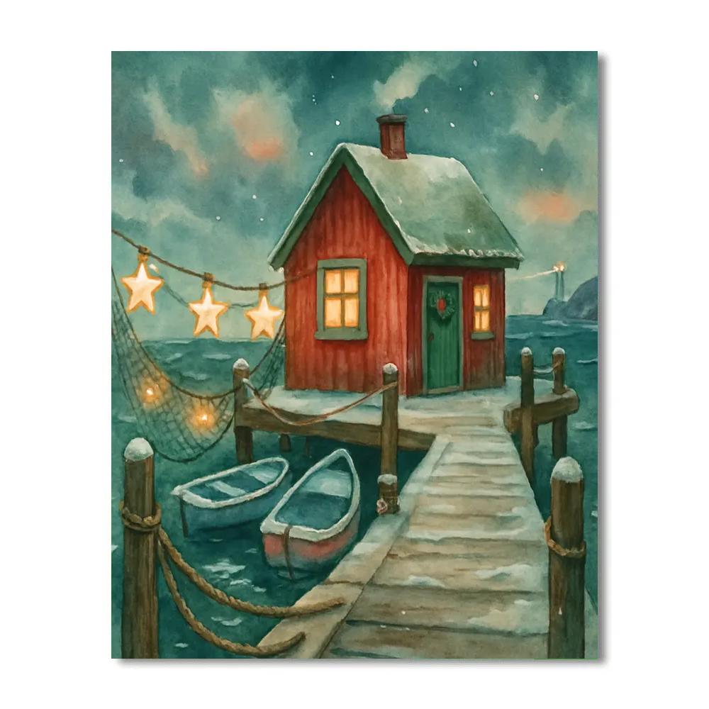 Christmas Harbor Cottage With Star Nets painting number kit