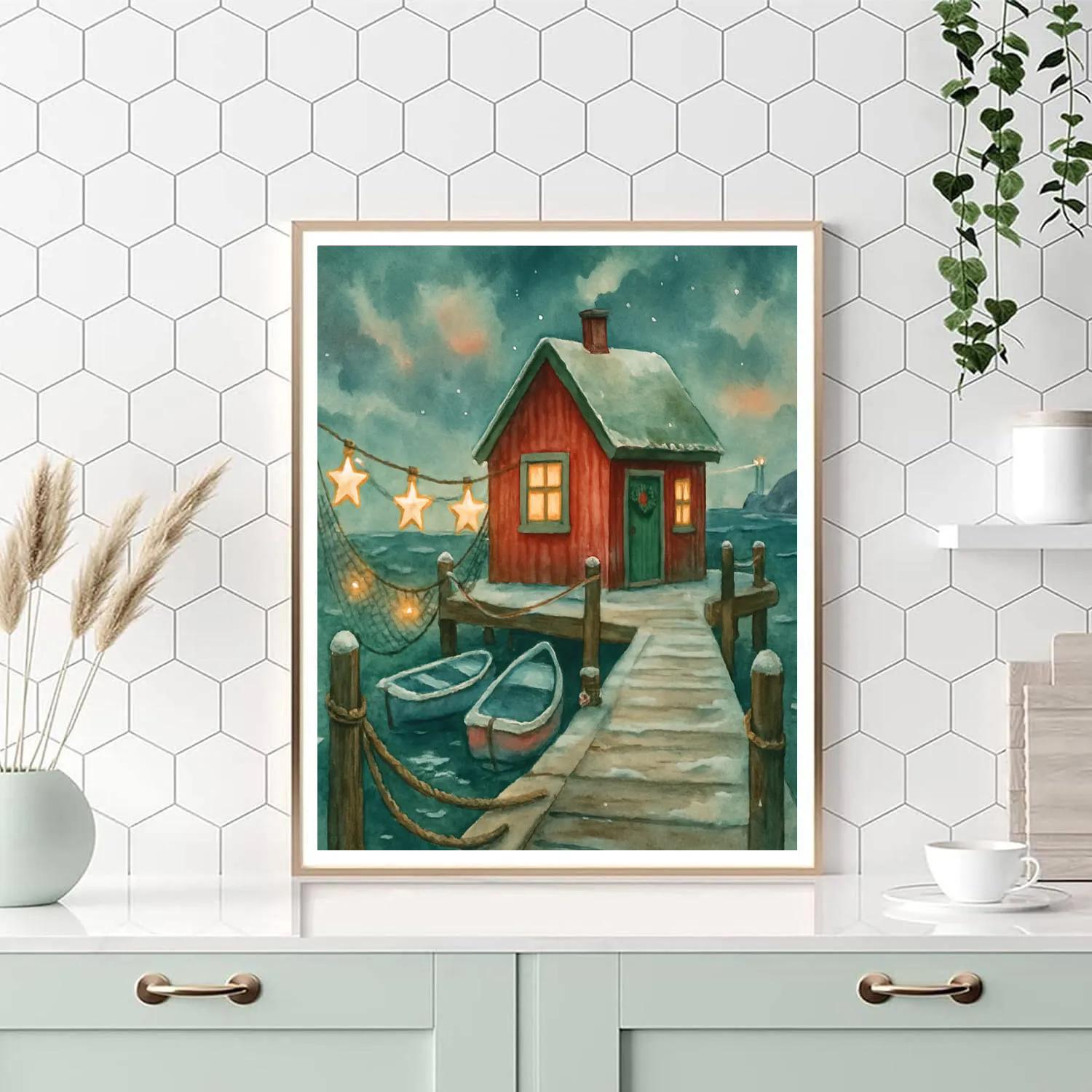 Christmas Harbor Cottage With Star Nets painting number kit