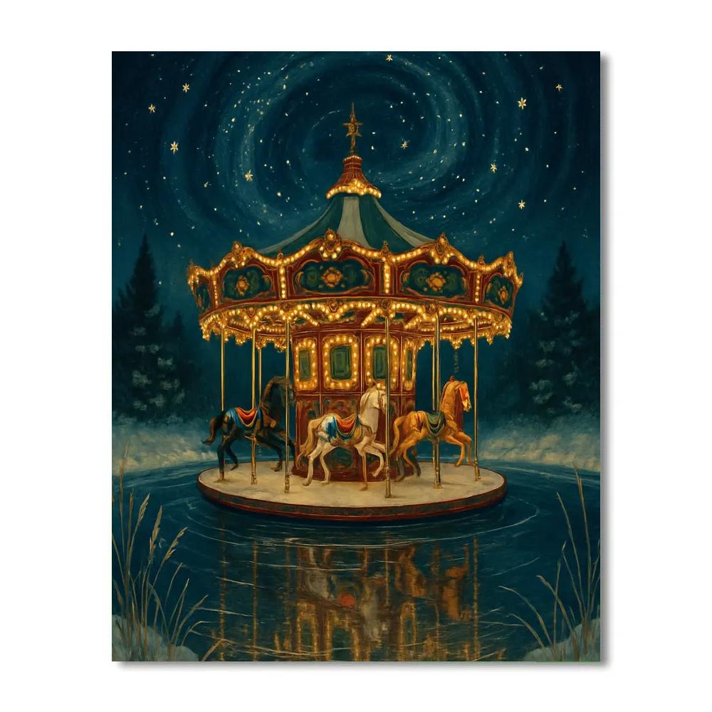 Christmas Starshine Over The Winter Carousel Pond painting number kit