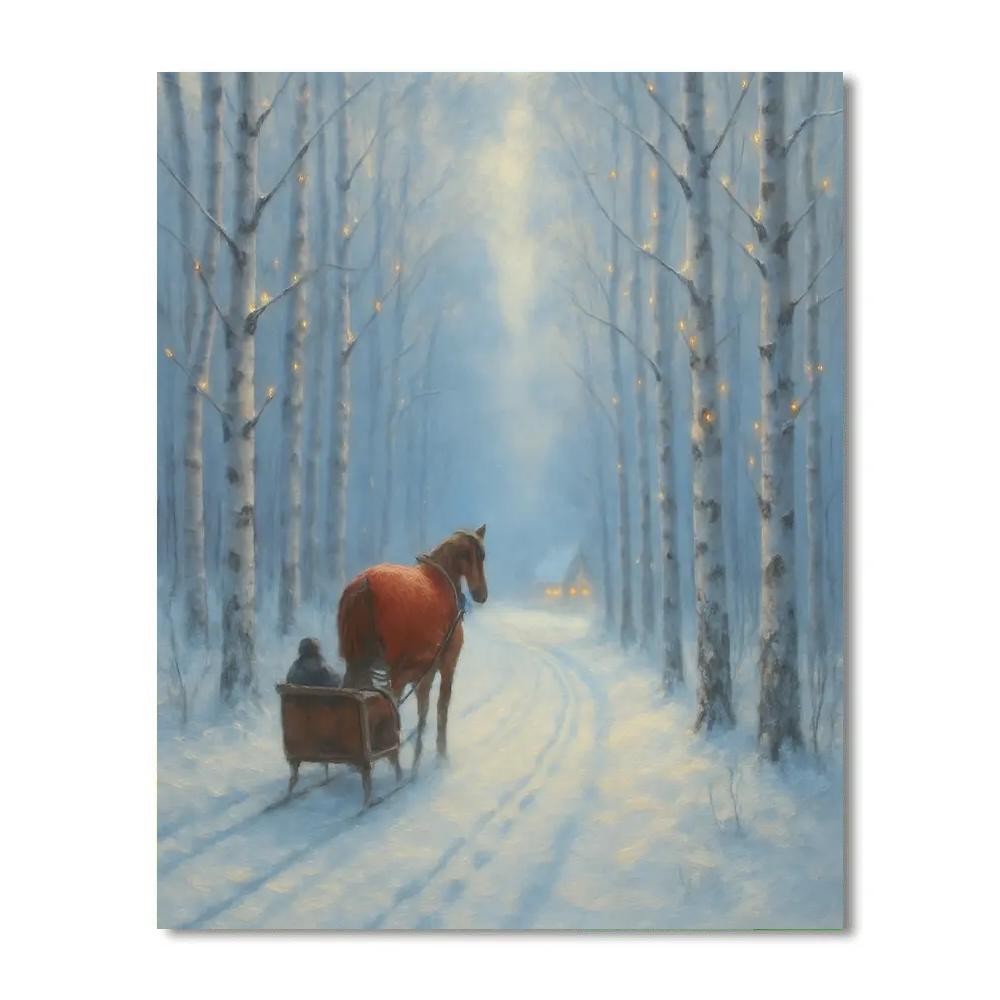 Moonlit Sleigh Path Through The Birch Grove paint by number