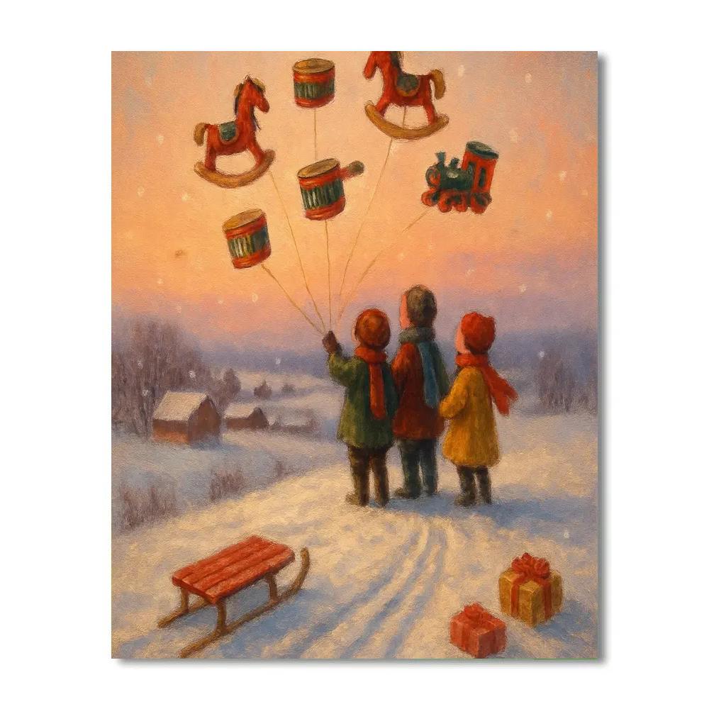 Christmas Toy Balloon Release Over Snowy Fields paint by color