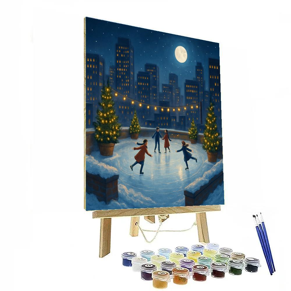 Midnight Christmas Skaters On The Rooftop Rink Paint by numbers art