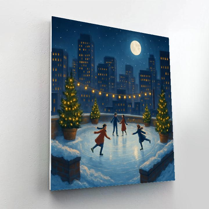 Midnight Christmas Skaters On The Rooftop Rink Paint by numbers art
