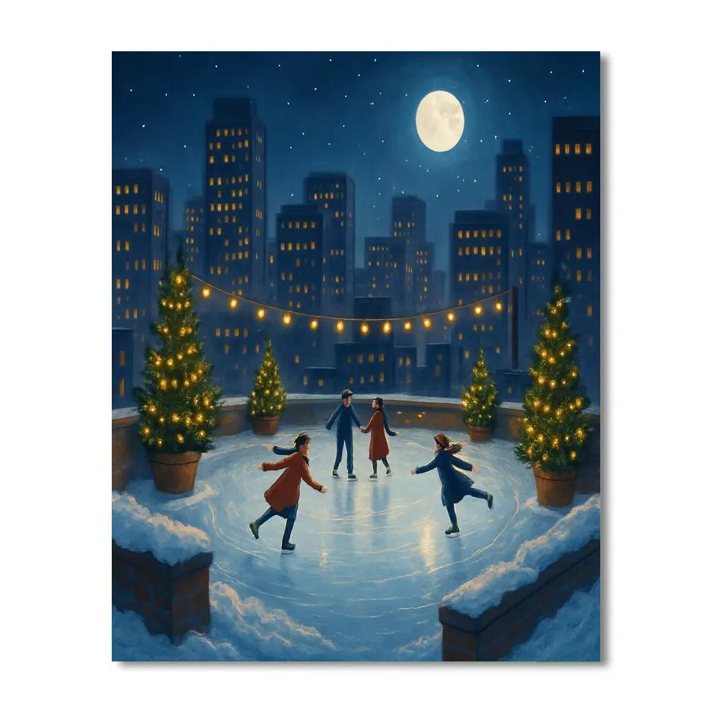 Midnight Christmas Skaters On The Rooftop Rink Paint by numbers art