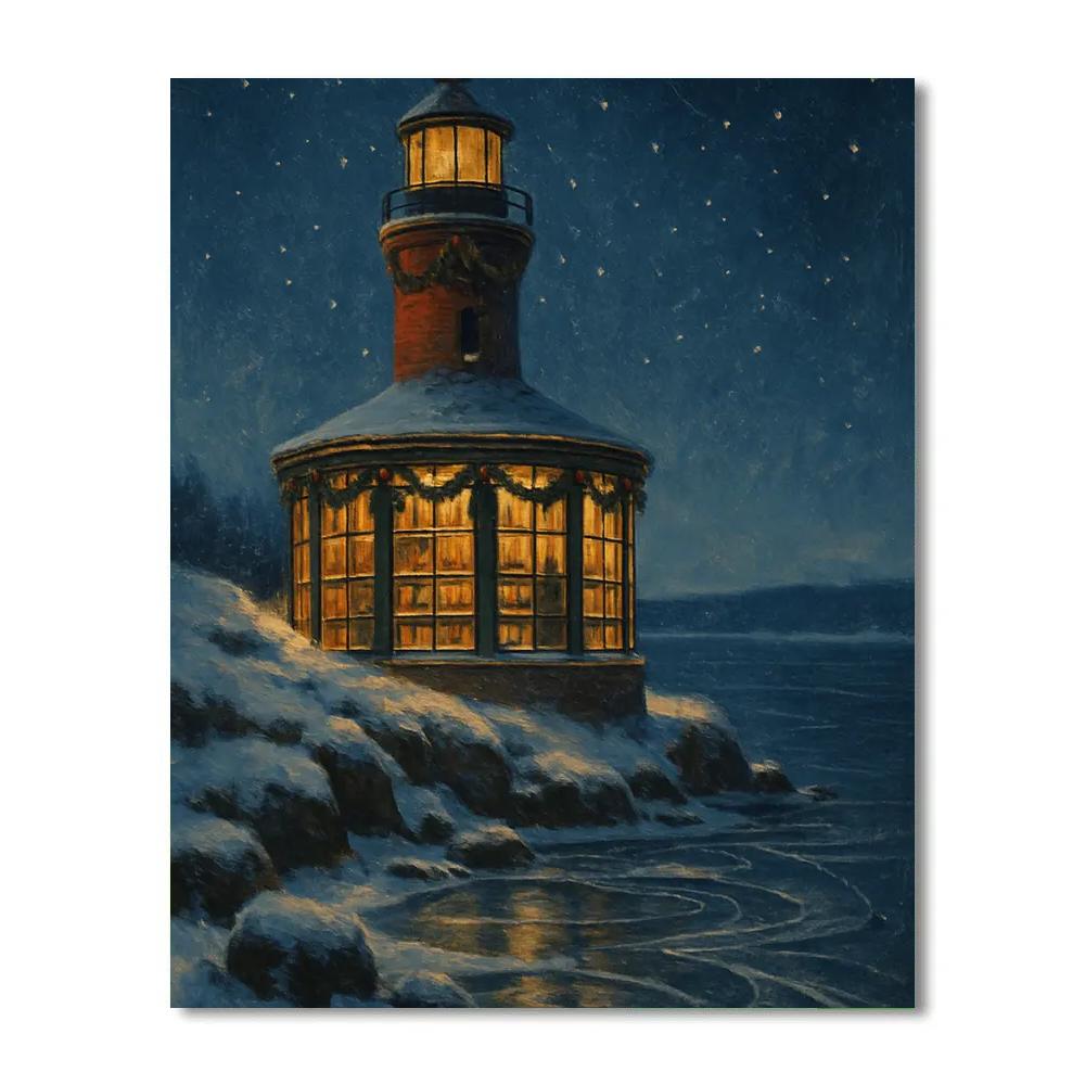 Christmas Lighthouse Library By The Frozen Bay paint by color