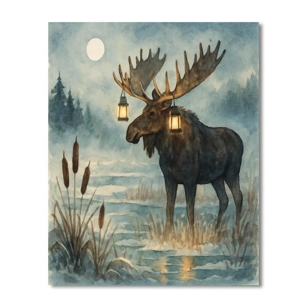 Christmas Lantern Moose At The Frozen Marsh paint by number