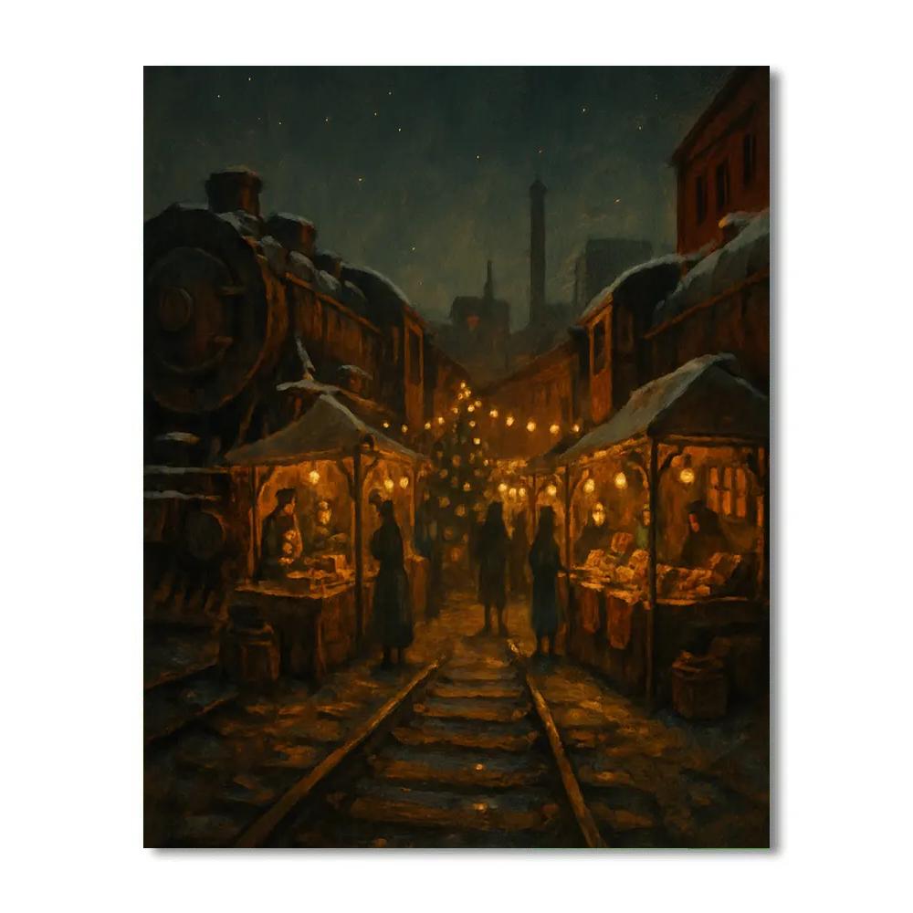 Christmas Midnight Market In The Old Train Yard Painting by numbers kit