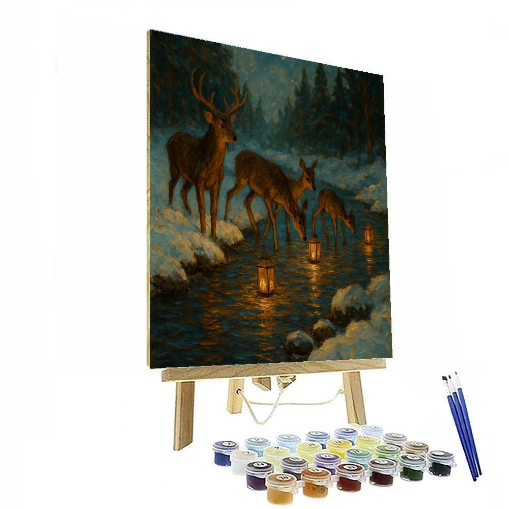 Christmas River Lantern Deer Crossing Number painting