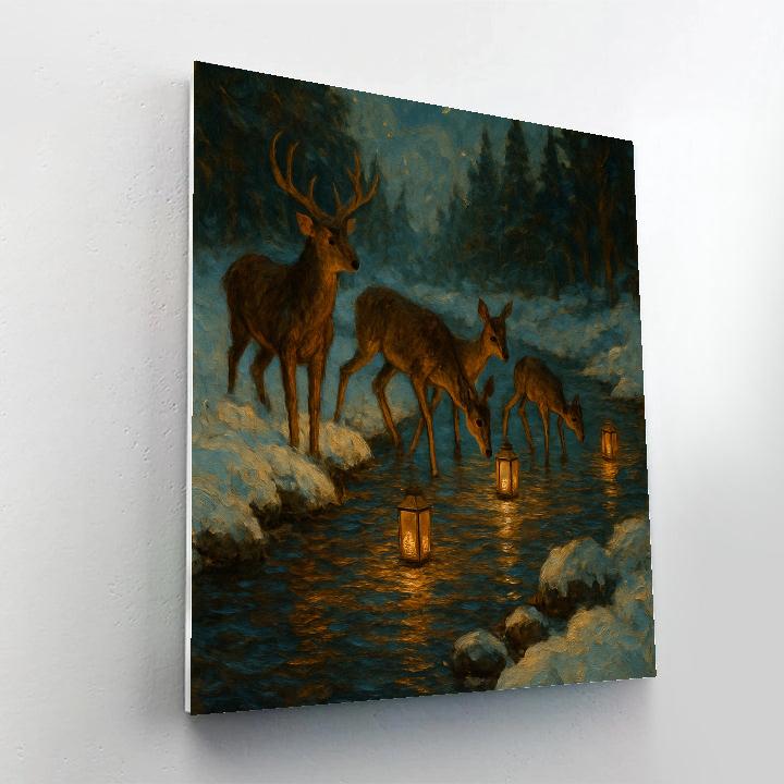 Christmas River Lantern Deer Crossing Number painting