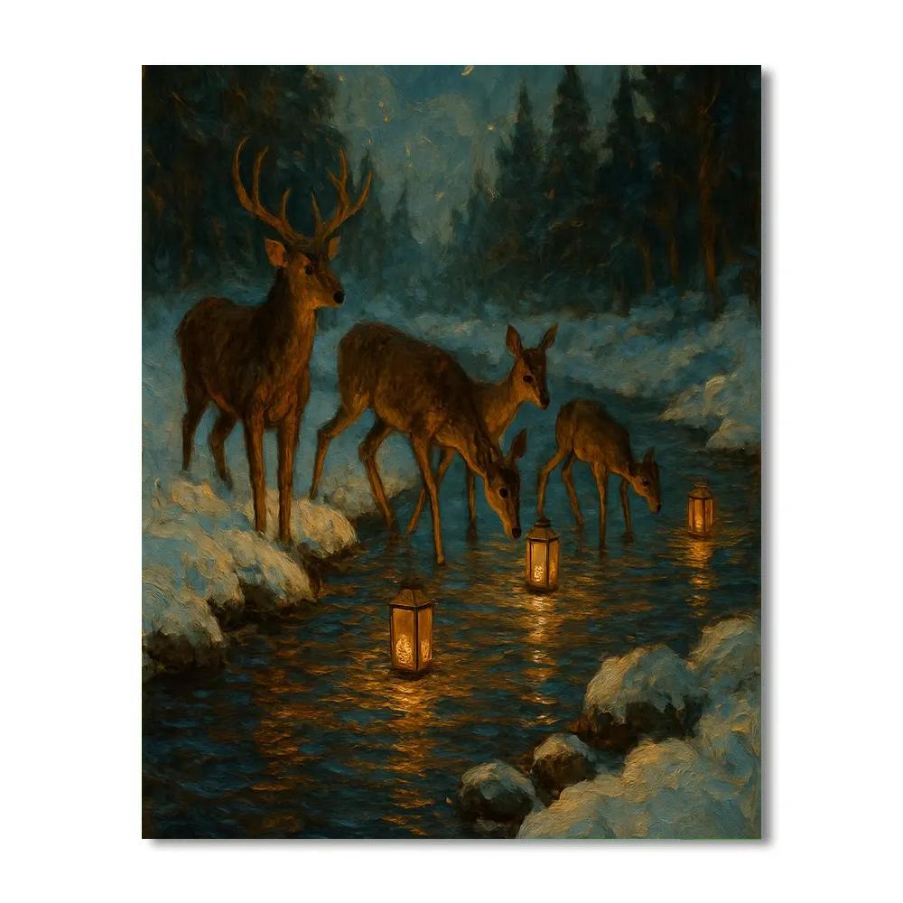 Christmas River Lantern Deer Crossing Number painting