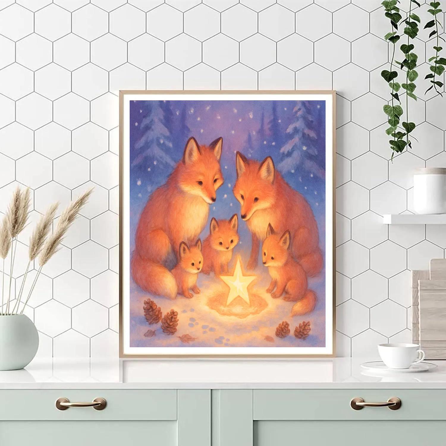 Christmas Fox Family Under The Fallen Star Paint by numbers art