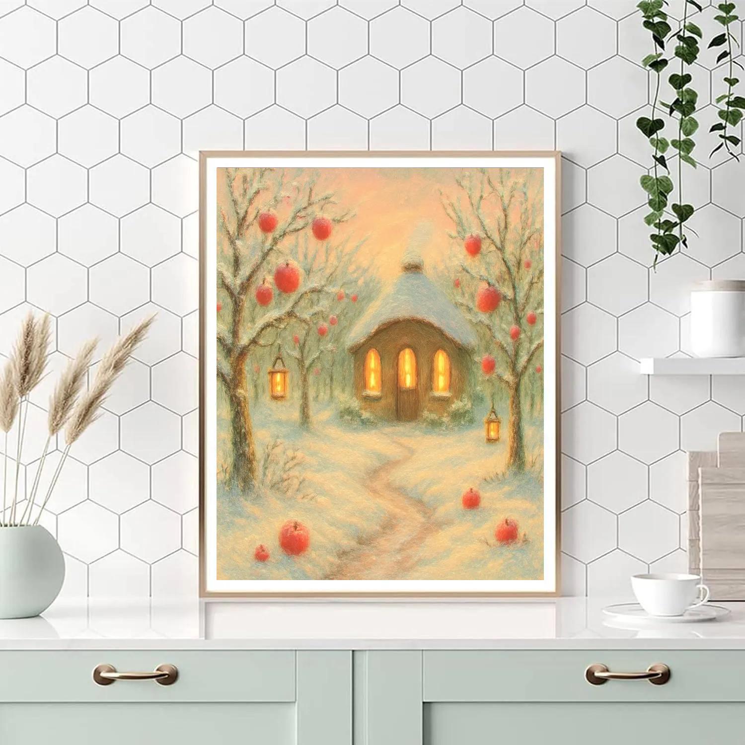 Christmas Candle Cabin In The Snowy Orchard DIY paint by numbers
