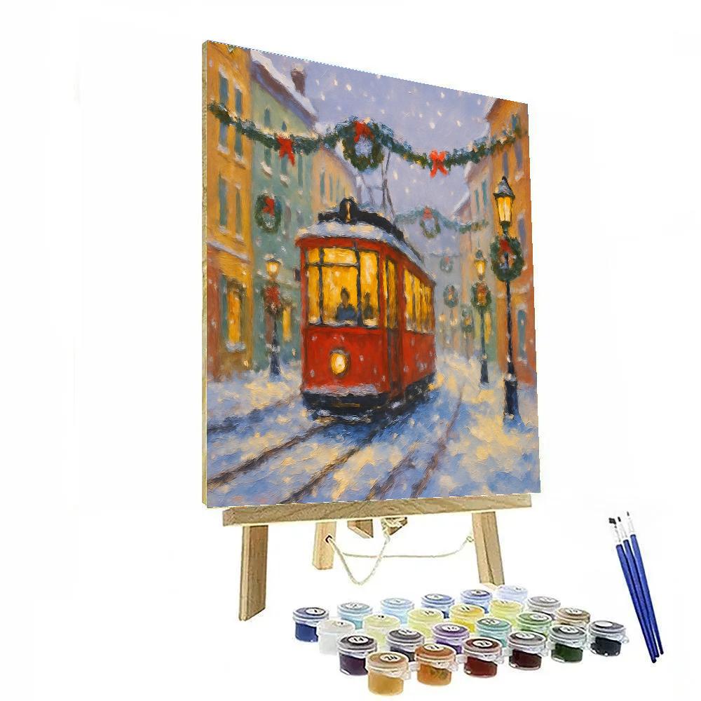 Christmas Snowfall Over The Red Tram Line painting number kit