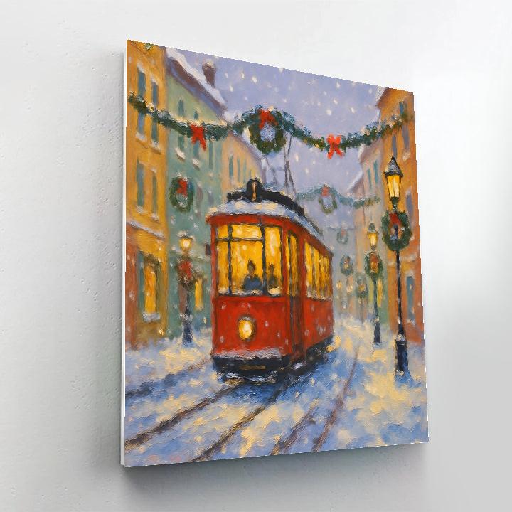 Christmas Snowfall Over The Red Tram Line painting number kit