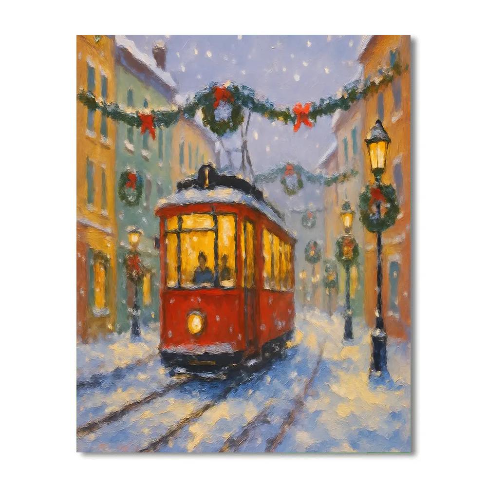 Christmas Snowfall Over The Red Tram Line painting number kit