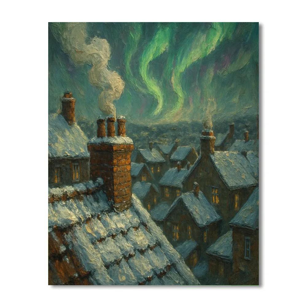 Christmas Chimney Tops Under The Northern Glow paint by number