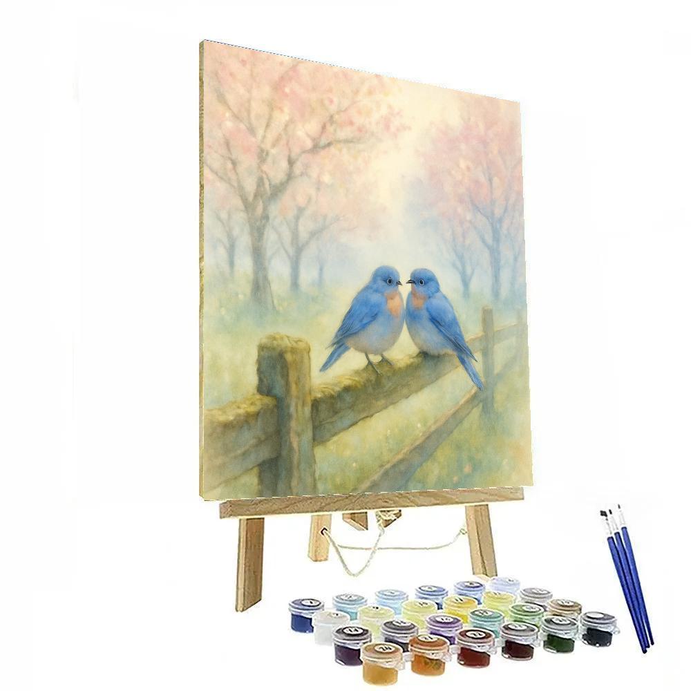 Bluebirds On The Misty Orchard Fence Painting by numbers kit