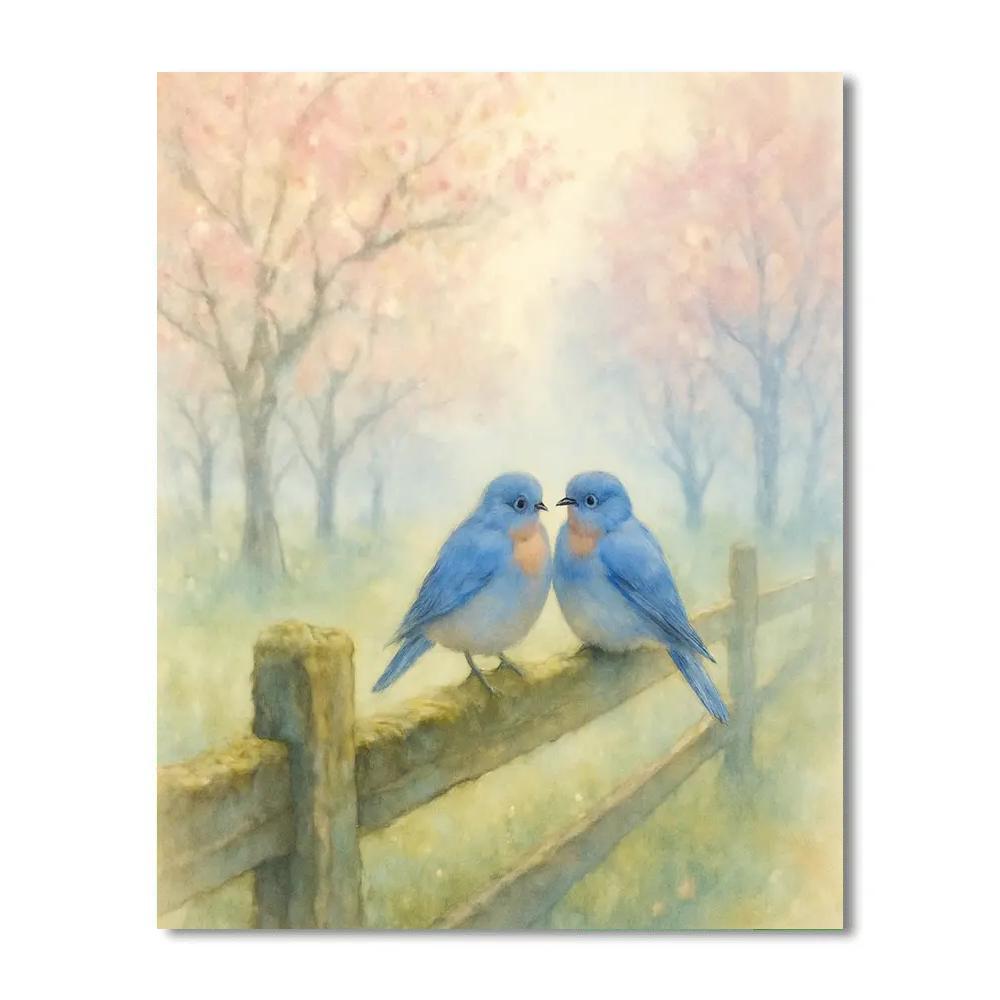 Bluebirds On The Misty Orchard Fence Painting by numbers kit