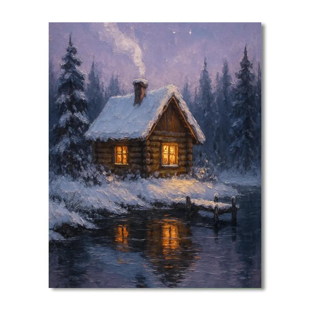 Cabin Lanterns On Frosted Mirror Lake paint by numbers
