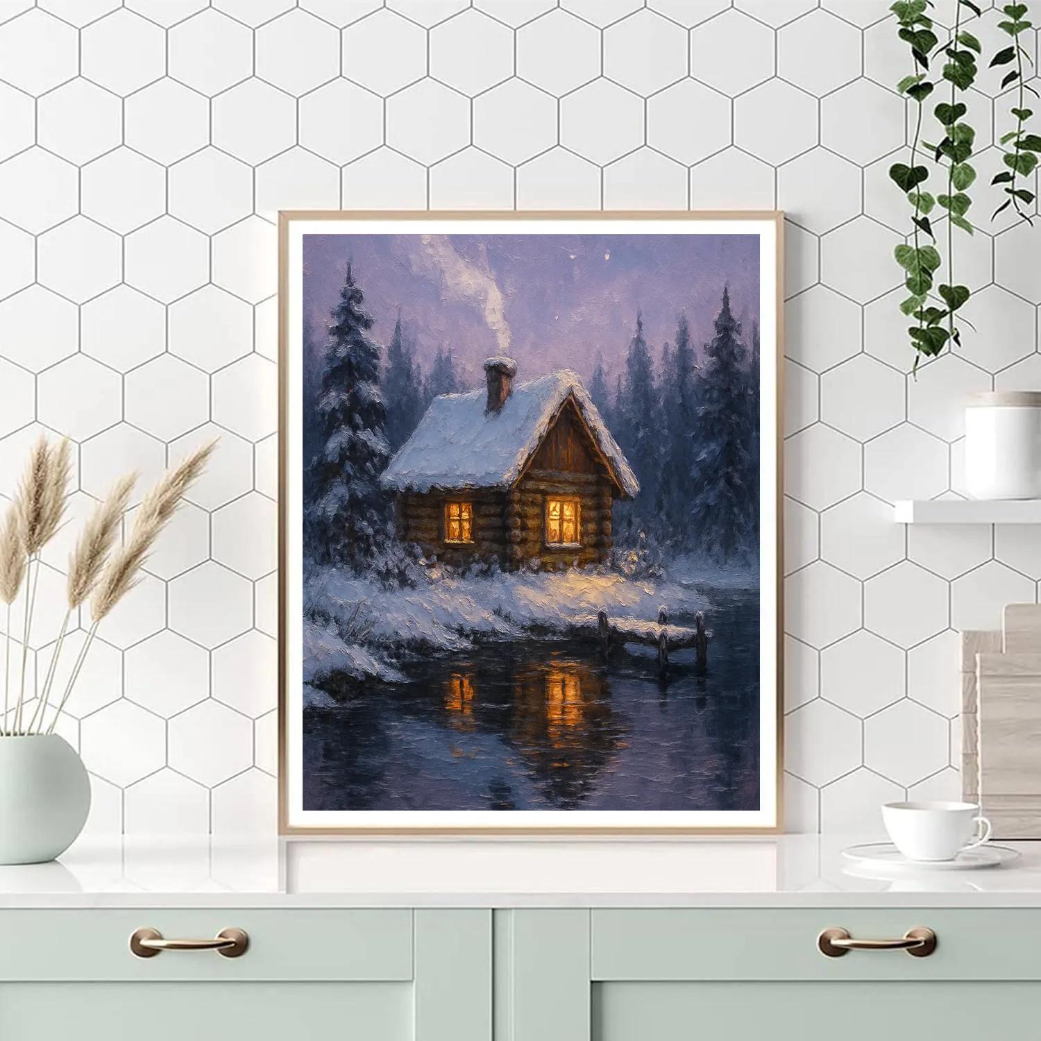 Cabin Lanterns On Frosted Mirror Lake paint by numbers
