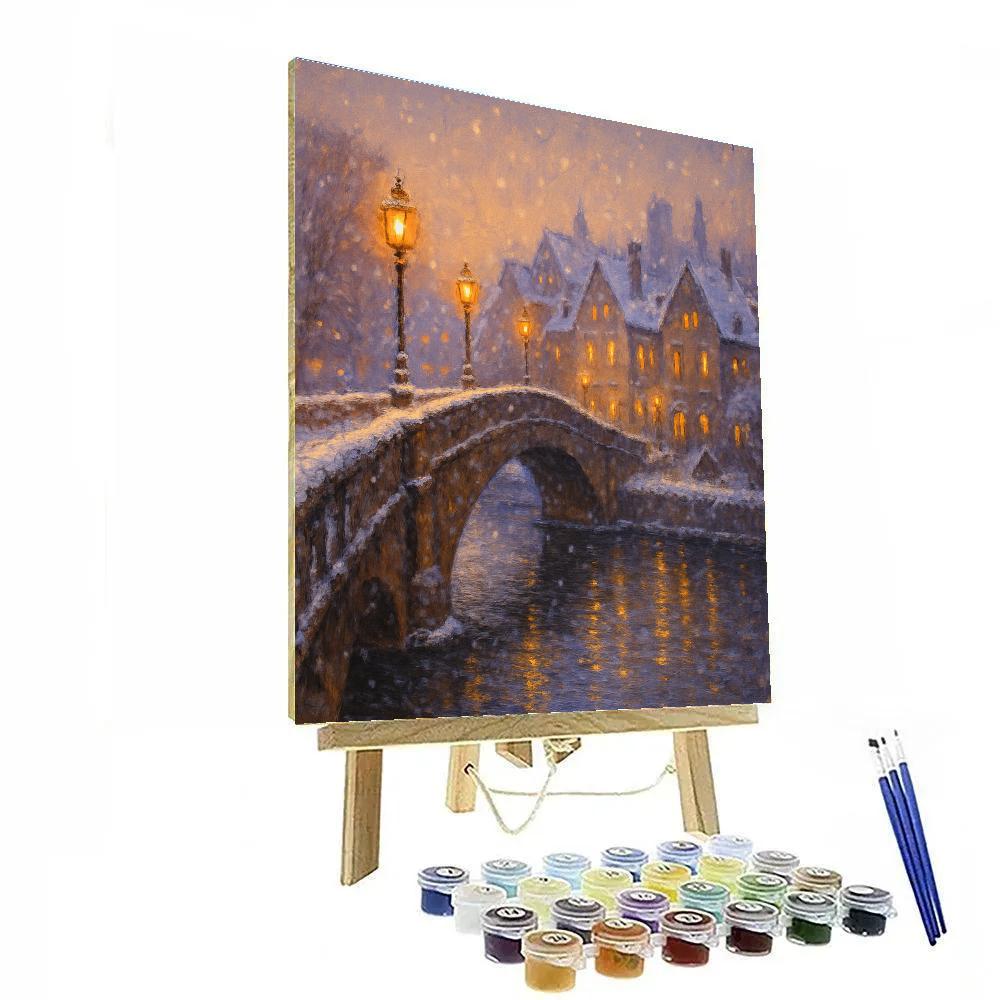 Snowy Bridge Over Quiet City River Number painting