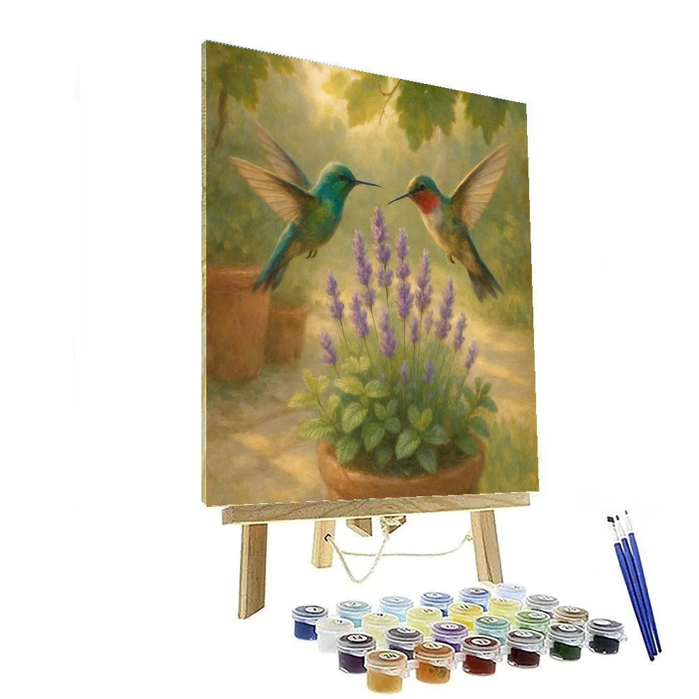 Hummingbirds In The Sunlit Herb Garden paint by color