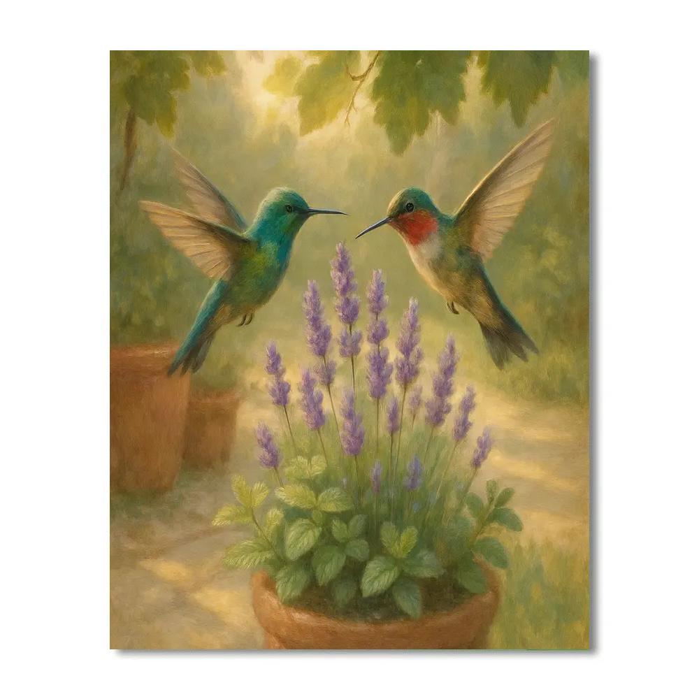 Hummingbirds In The Sunlit Herb Garden paint by color