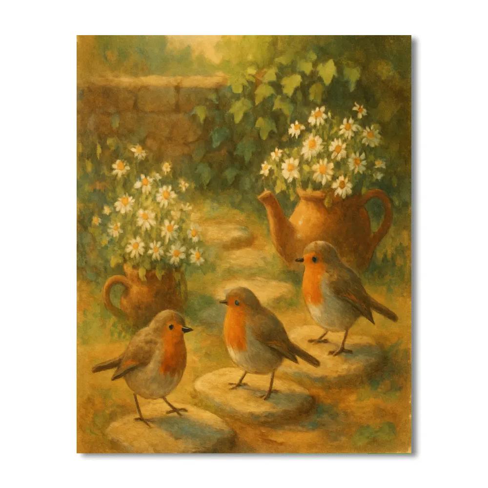 Robins In The Cottage Tea Garden DIY paint by numbers