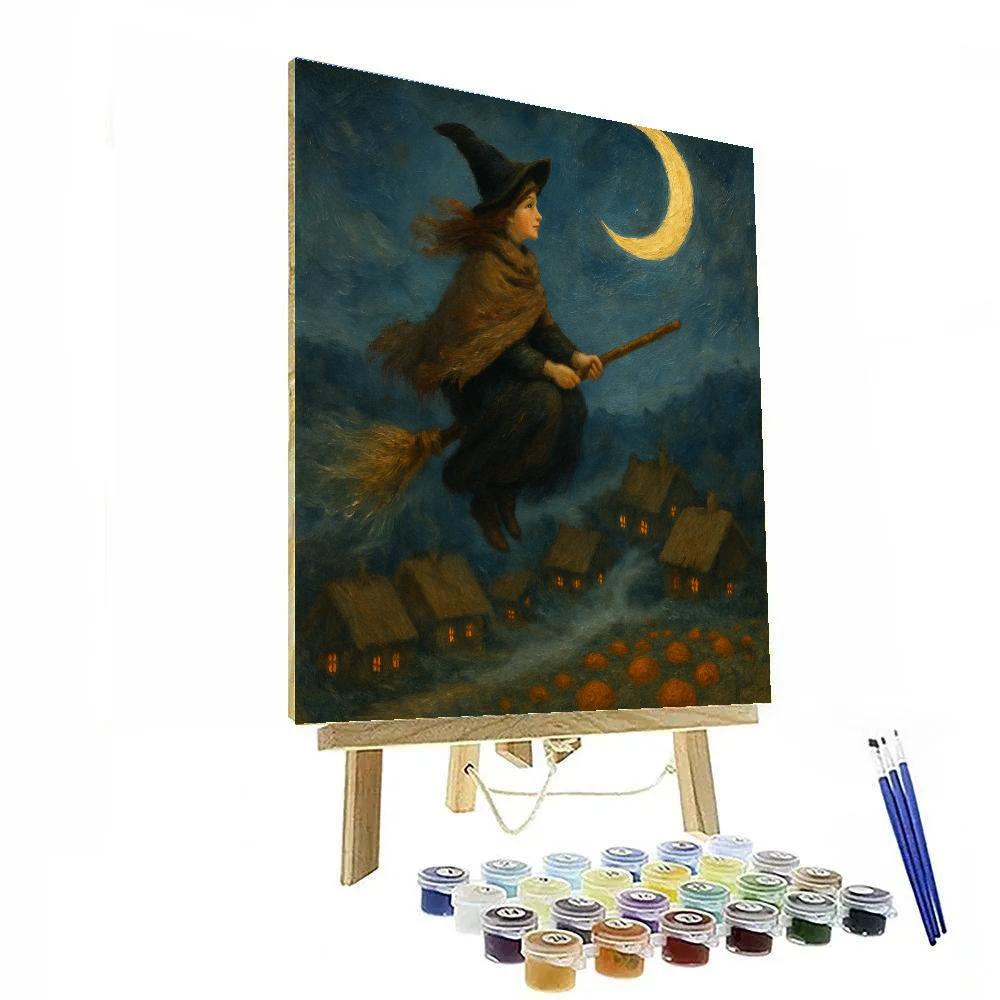 Moonlit Broom Ride Over The Harvest Village Numbered painting kits
