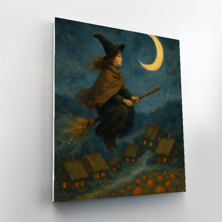 Moonlit Broom Ride Over The Harvest Village Numbered painting kits