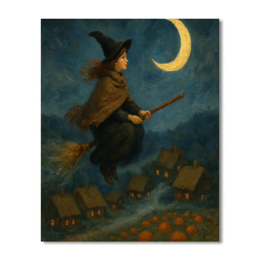 Moonlit Broom Ride Over The Harvest Village Numbered painting kits