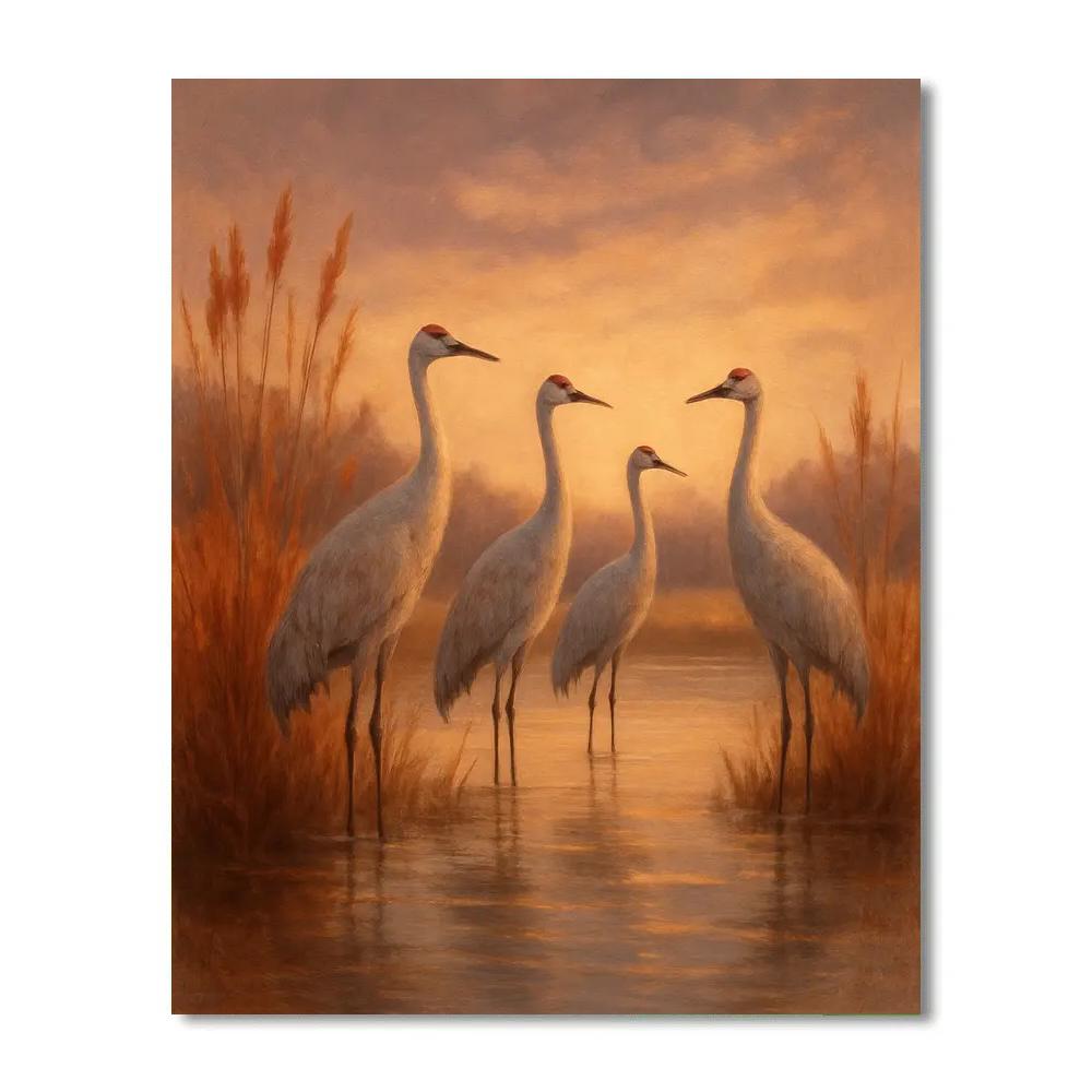 Cranes At The Amber Marsh Dawn Number painting