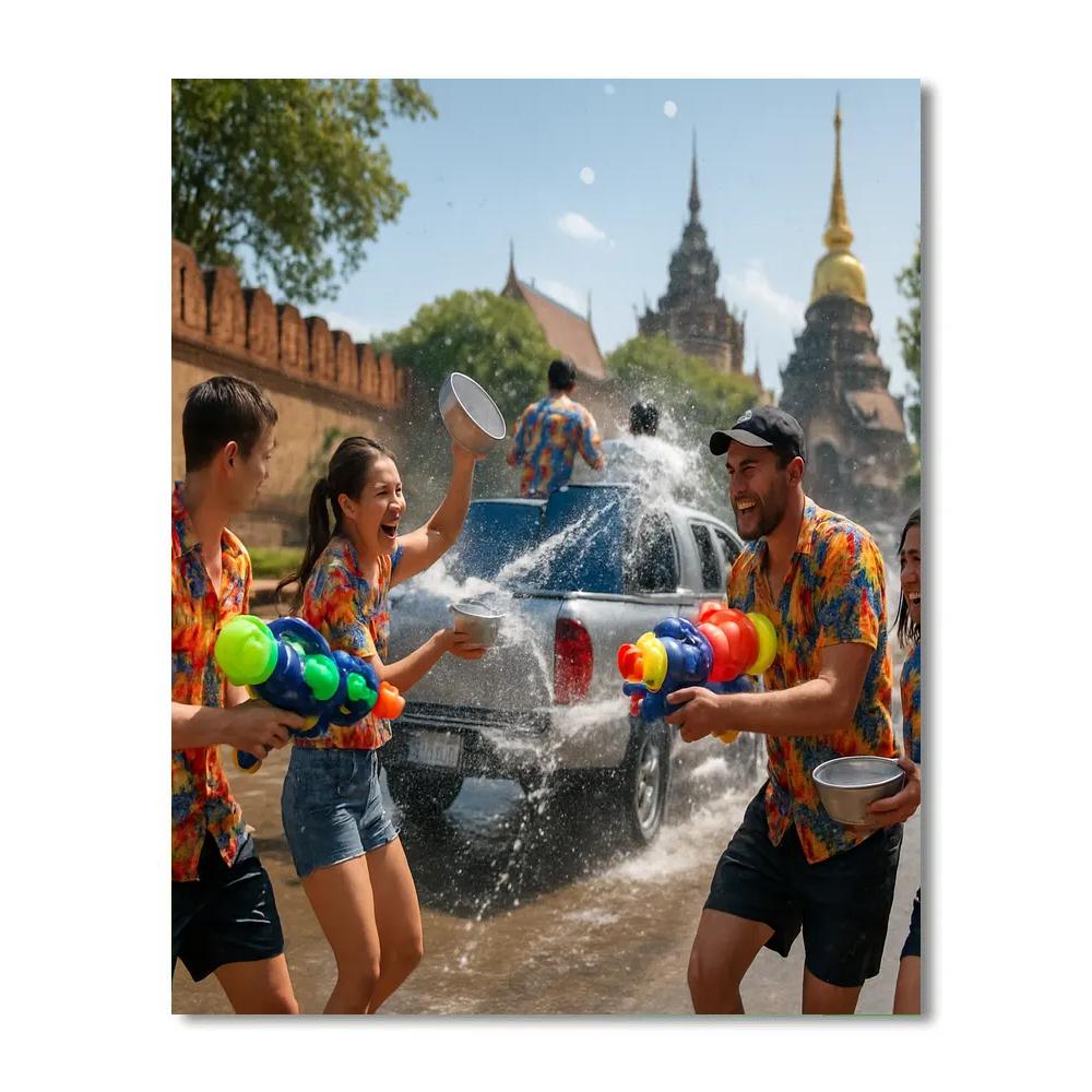 Songkran Water Splashing In Chiang Mai Old City paint by number