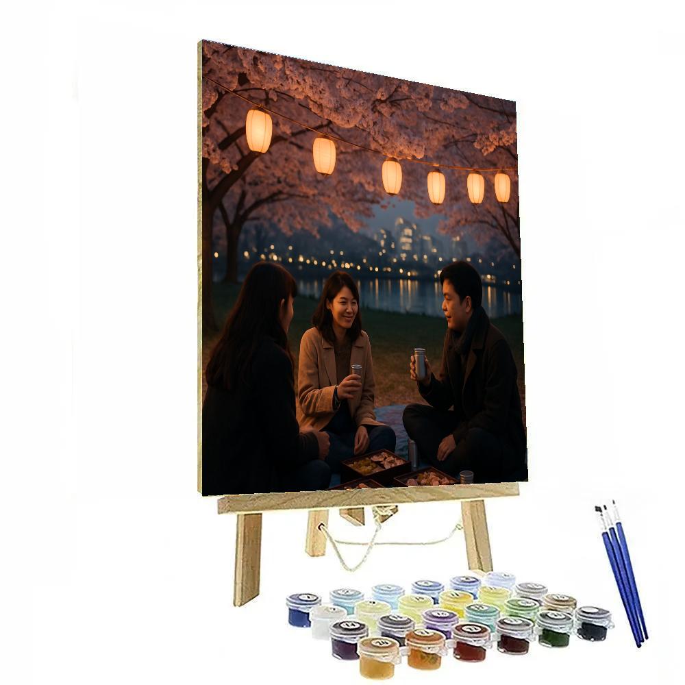 Hanami Evening Under Lantern Lit Cherry Blossoms paint by color