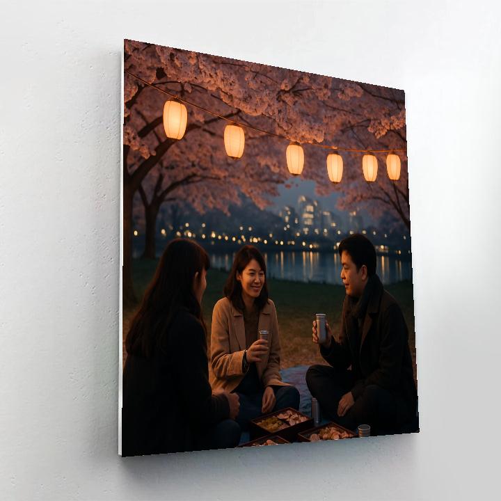 Hanami Evening Under Lantern Lit Cherry Blossoms paint by color