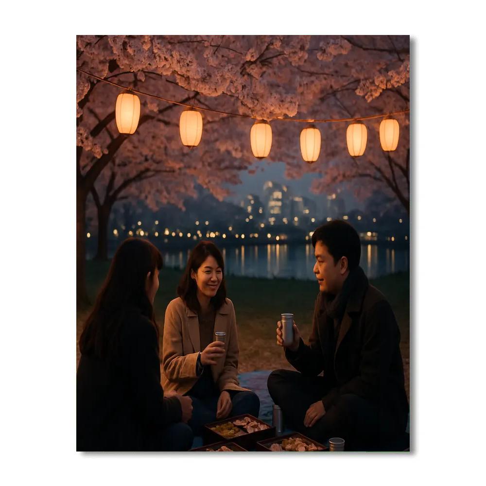 Hanami Evening Under Lantern Lit Cherry Blossoms paint by color