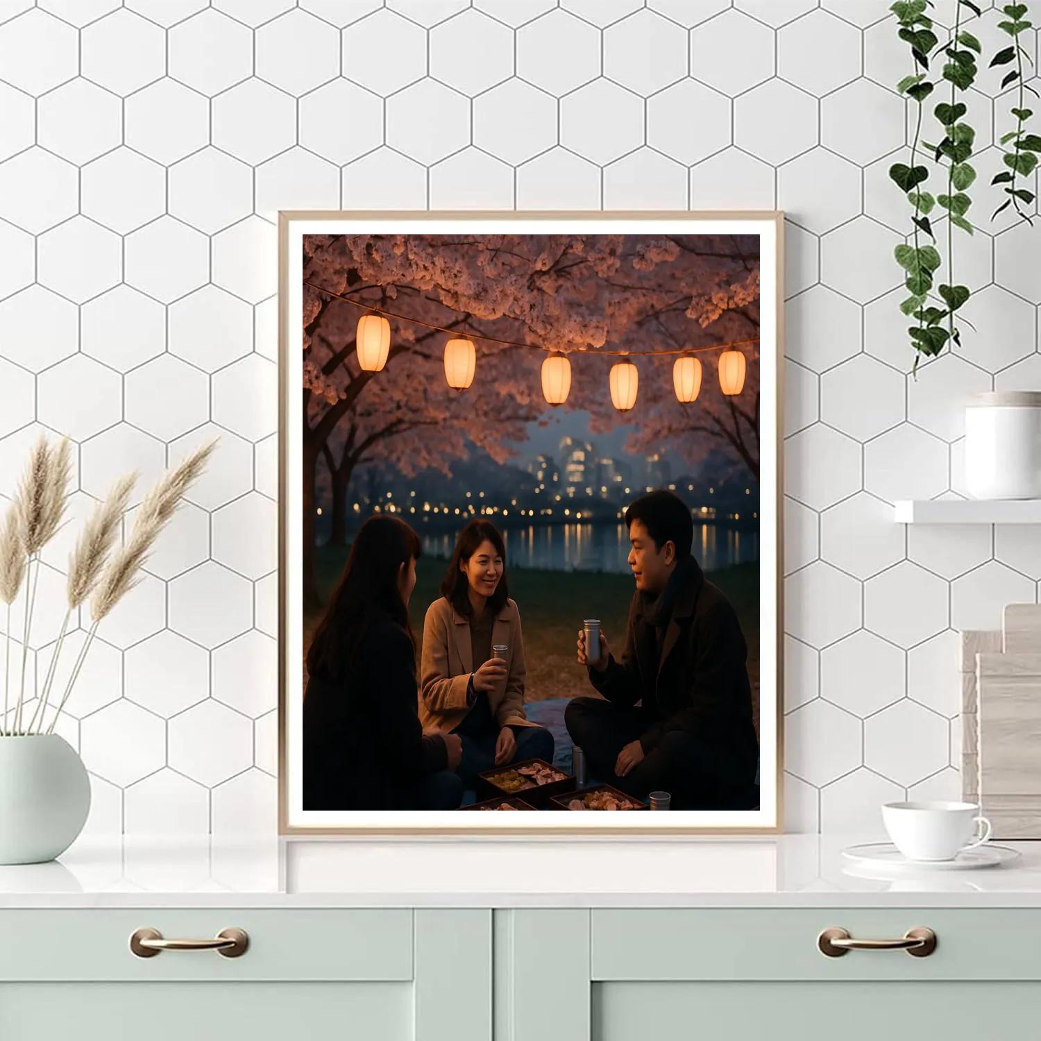 Hanami Evening Under Lantern Lit Cherry Blossoms paint by color