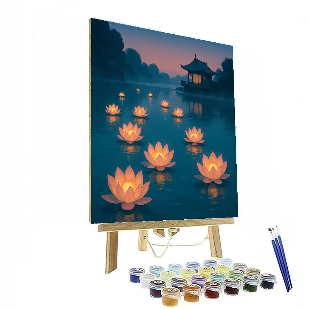Serene Lotus Lantern Lake Evening Paint by numbers art