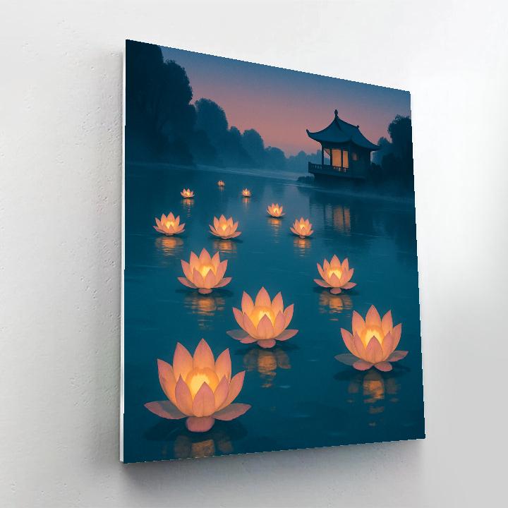 Serene Lotus Lantern Lake Evening Paint by numbers art