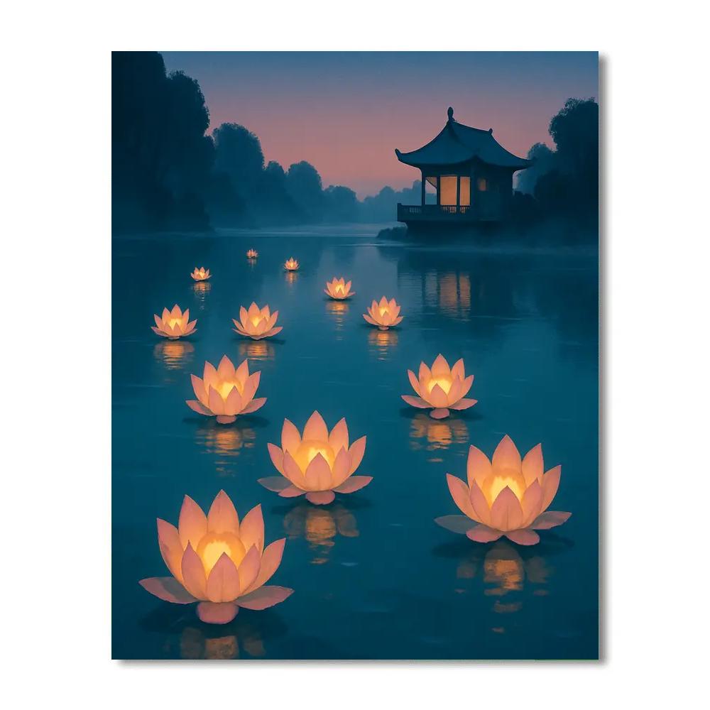 Serene Lotus Lantern Lake Evening Paint by numbers art