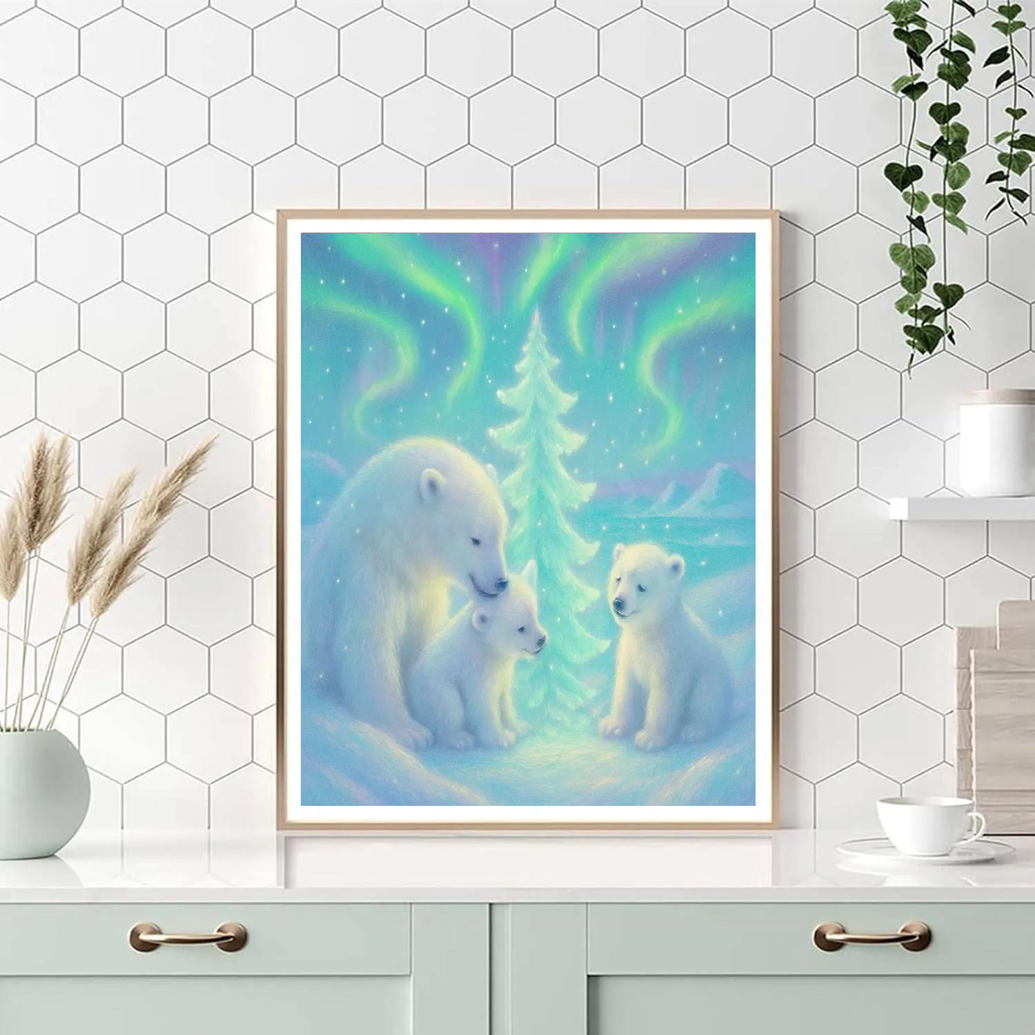 Polar Bear Family By The Northern Lights Tree DIY paint by numbers