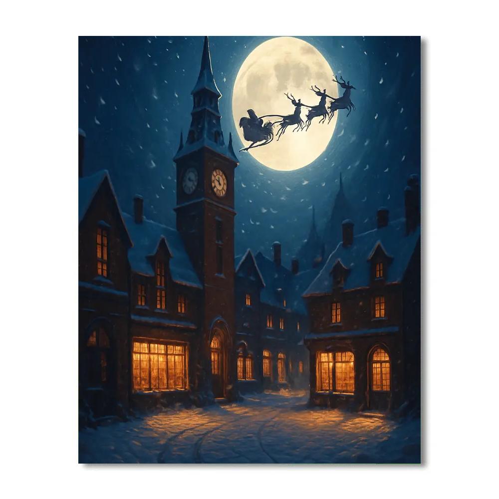 Midnight Sleigh Over Clocktower Square Paint by numbers art