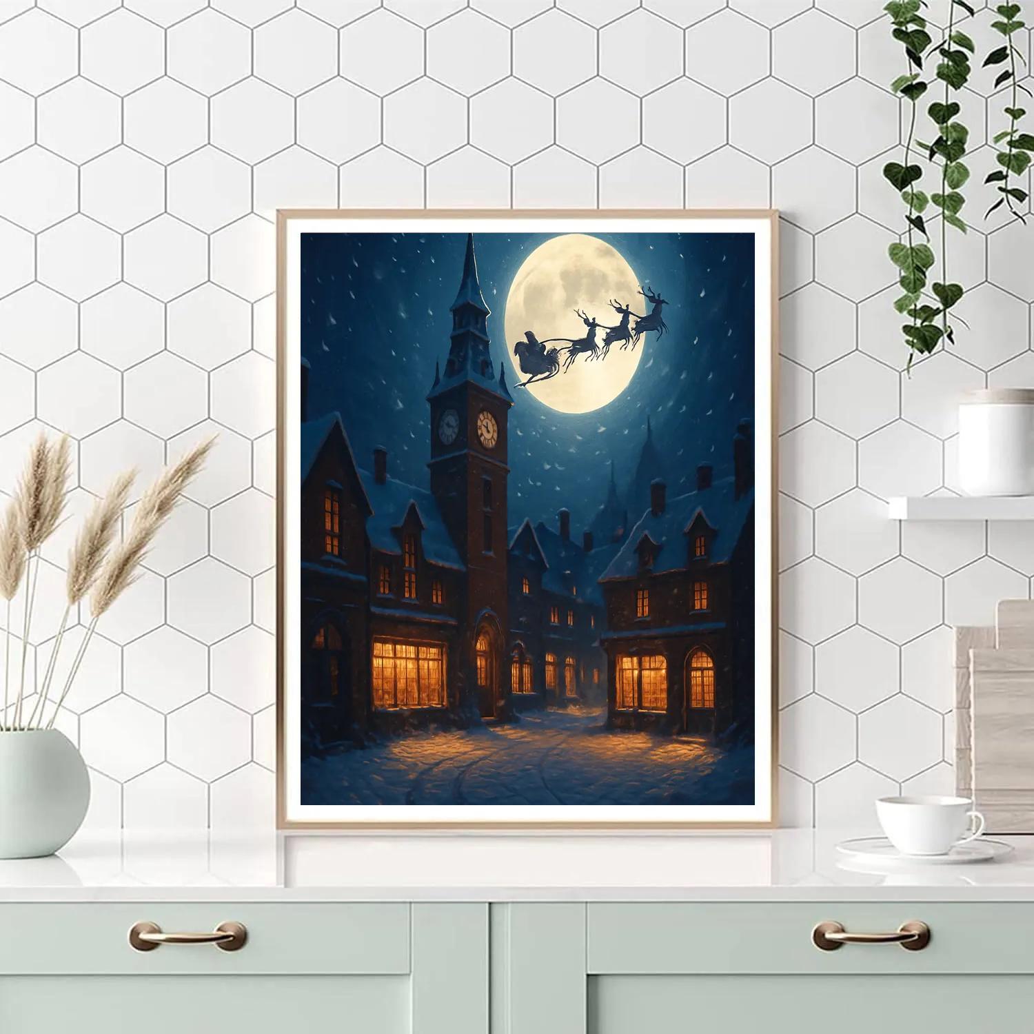 Midnight Sleigh Over Clocktower Square Paint by numbers art