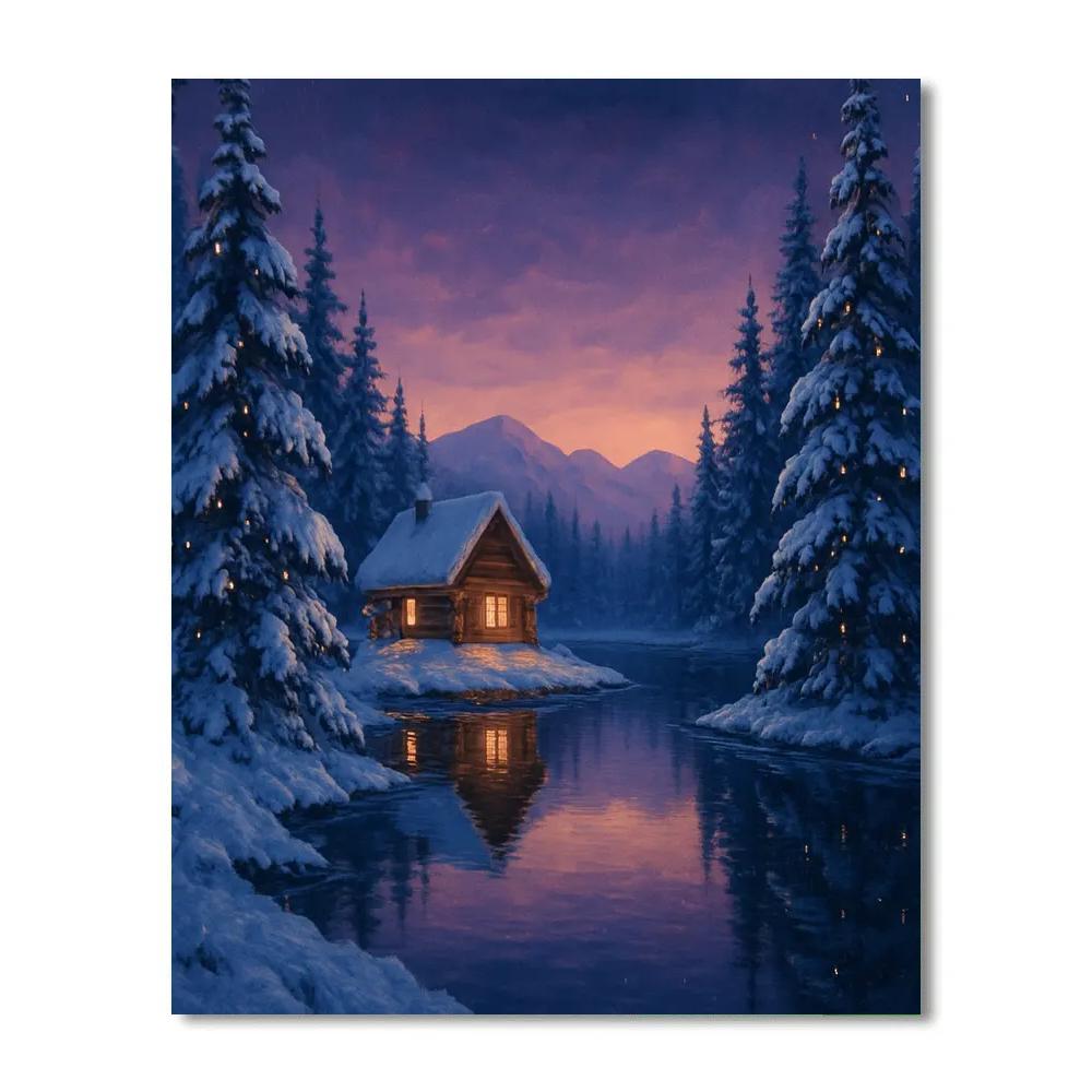 Christmas Cabin Reflected In The Lake Painting by numbers kit