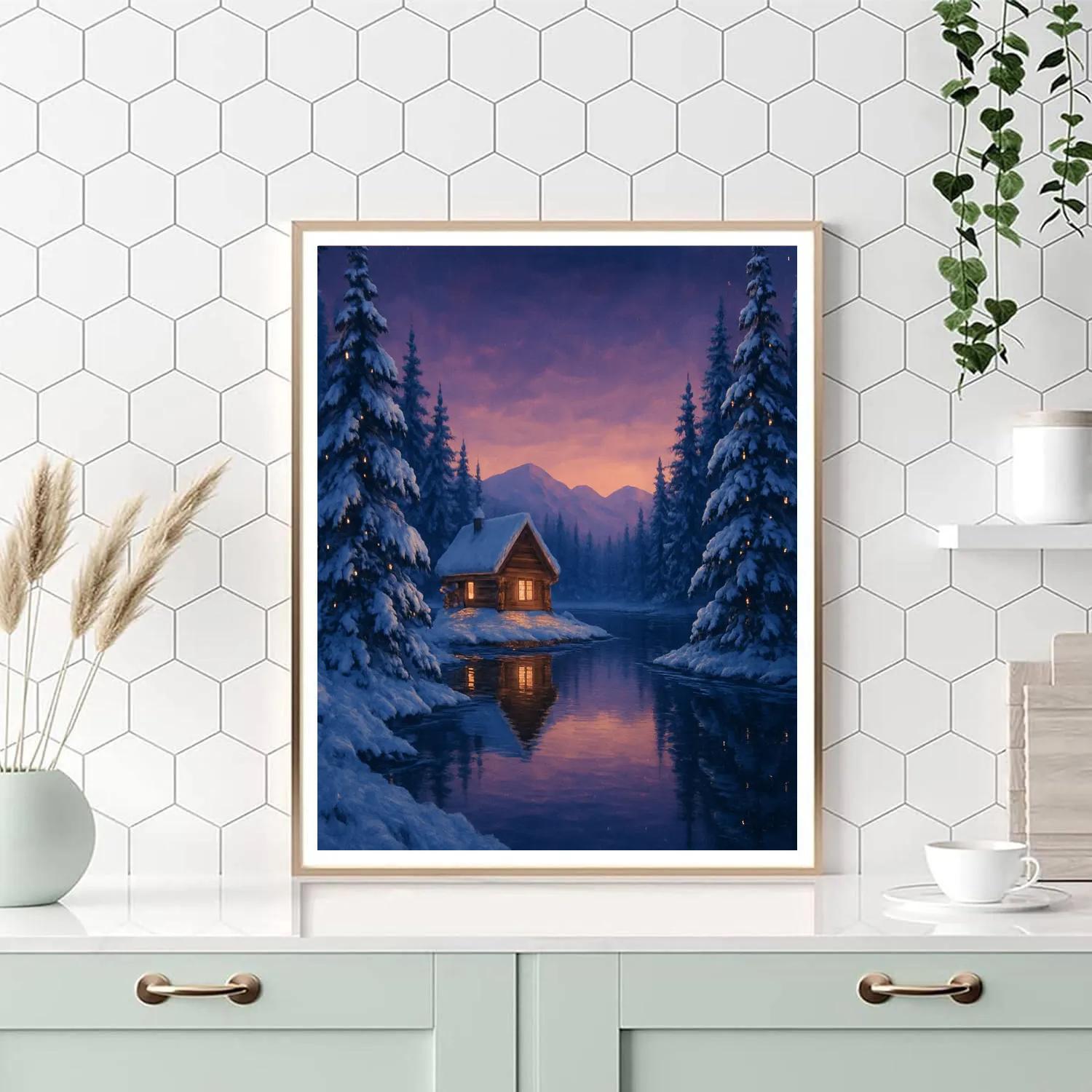 Christmas Cabin Reflected In The Lake Painting by numbers kit