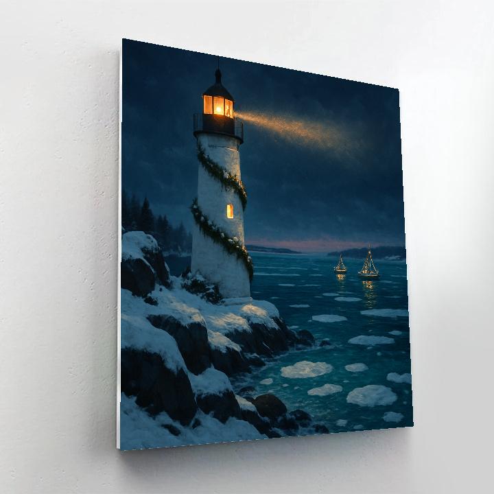 Christmas Lighthouse On The Frozen Bay paint by numbers