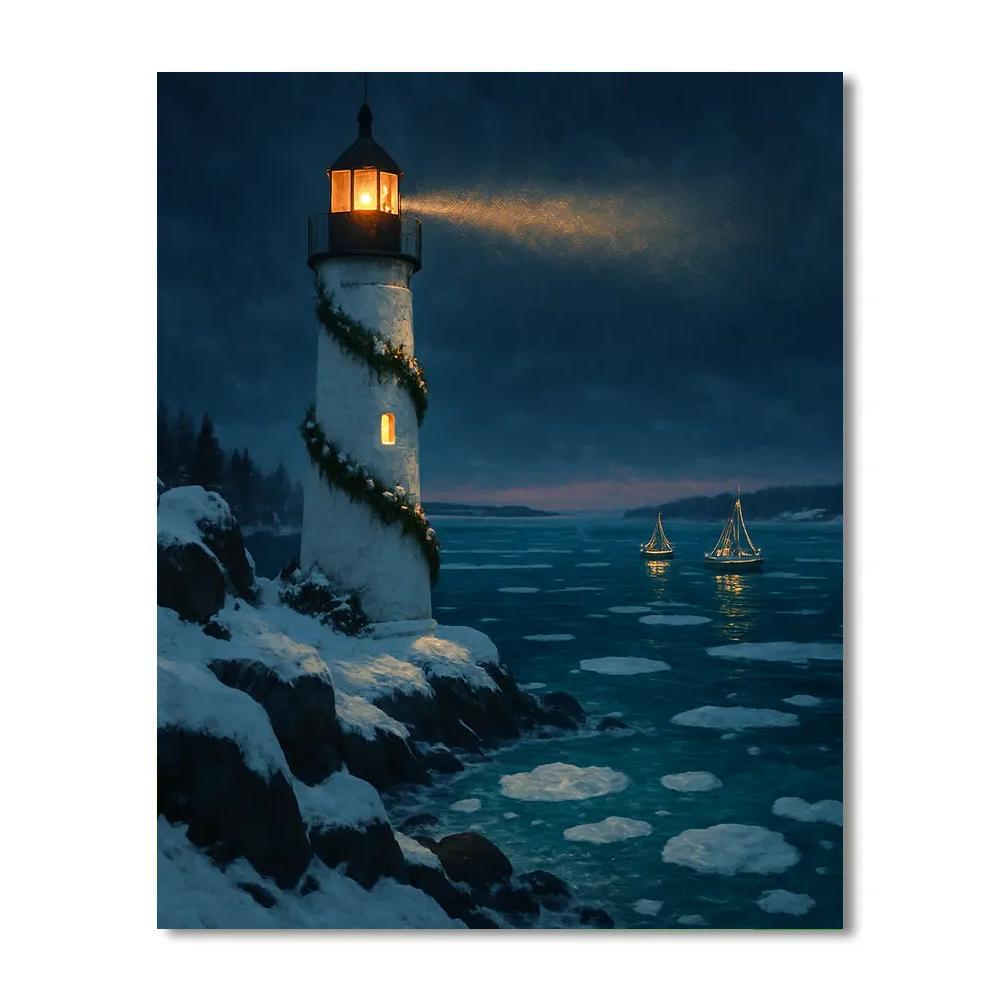 Christmas Lighthouse On The Frozen Bay paint by numbers