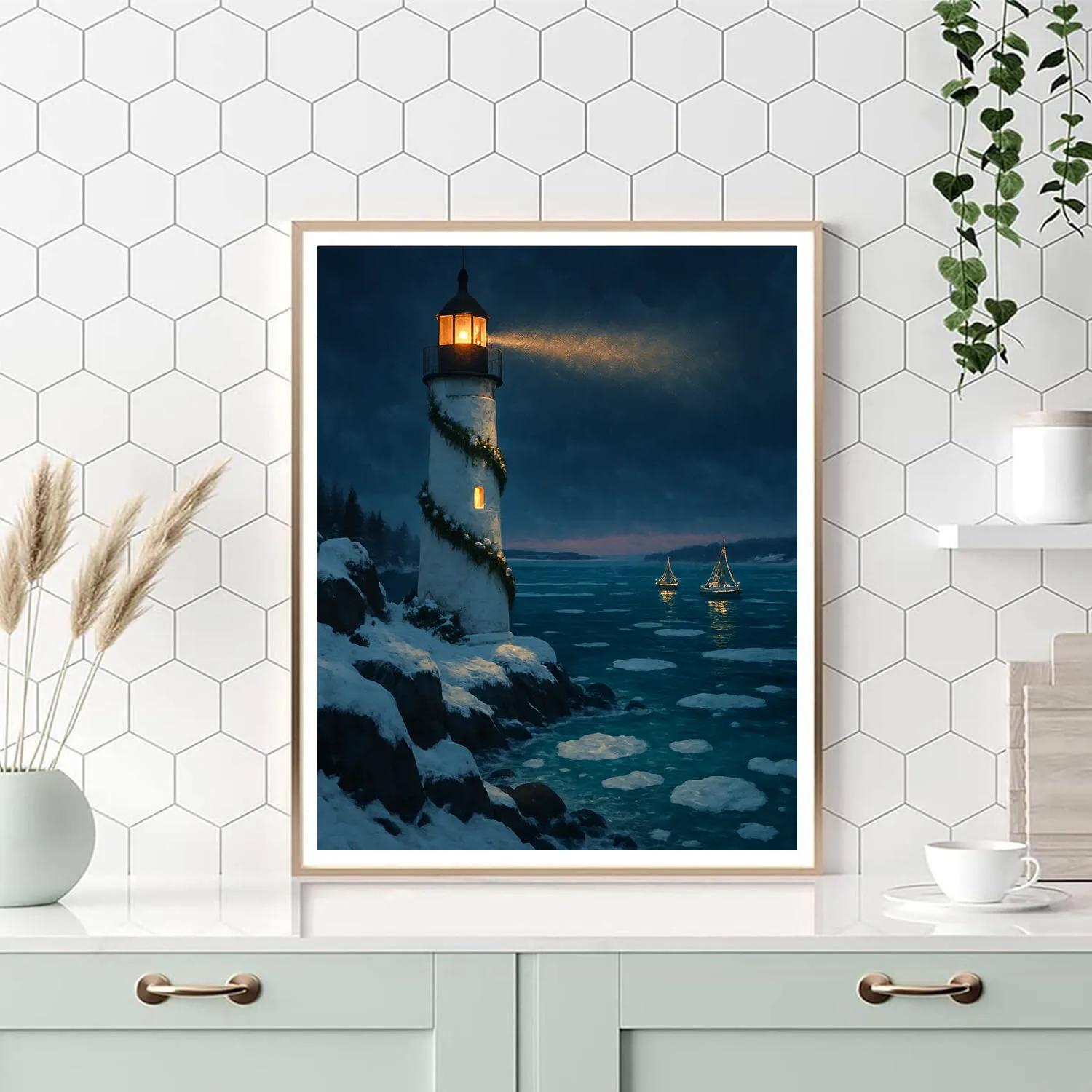 Christmas Lighthouse On The Frozen Bay paint by numbers