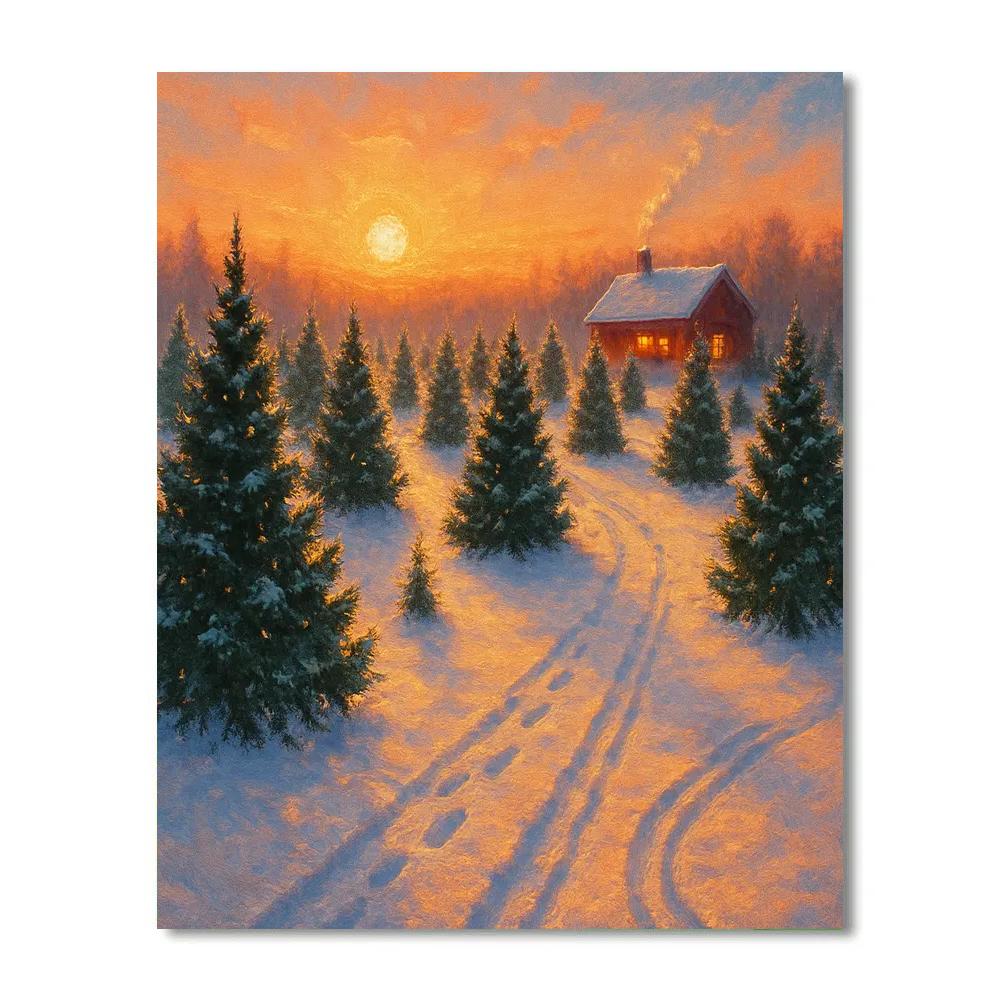 Snowy Tree Farm At Golden Hour paint by numbers